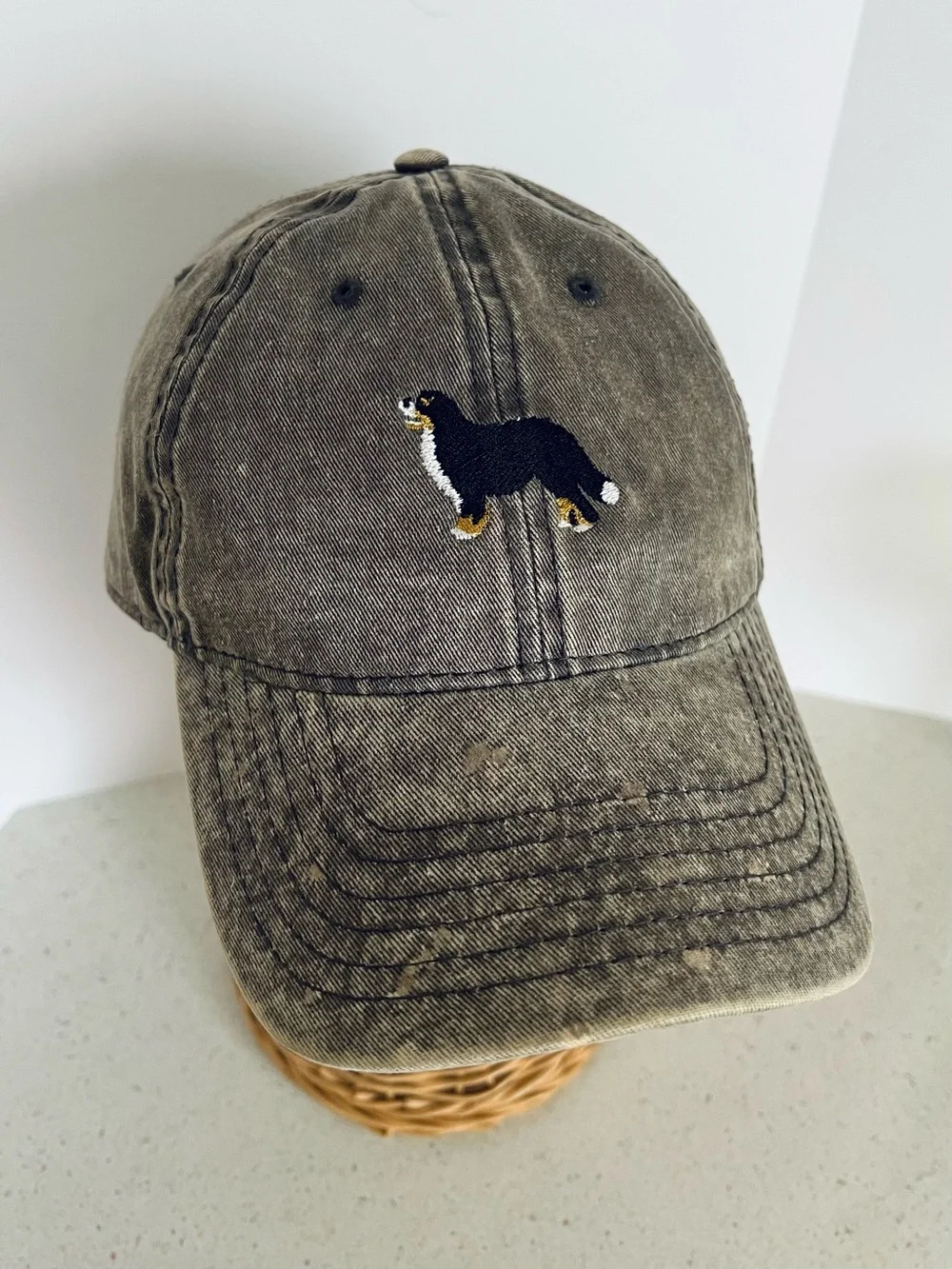 Bernese Mountain Dog Embroidered Baseball Cap Grey Denim Adjustable Hat One Size